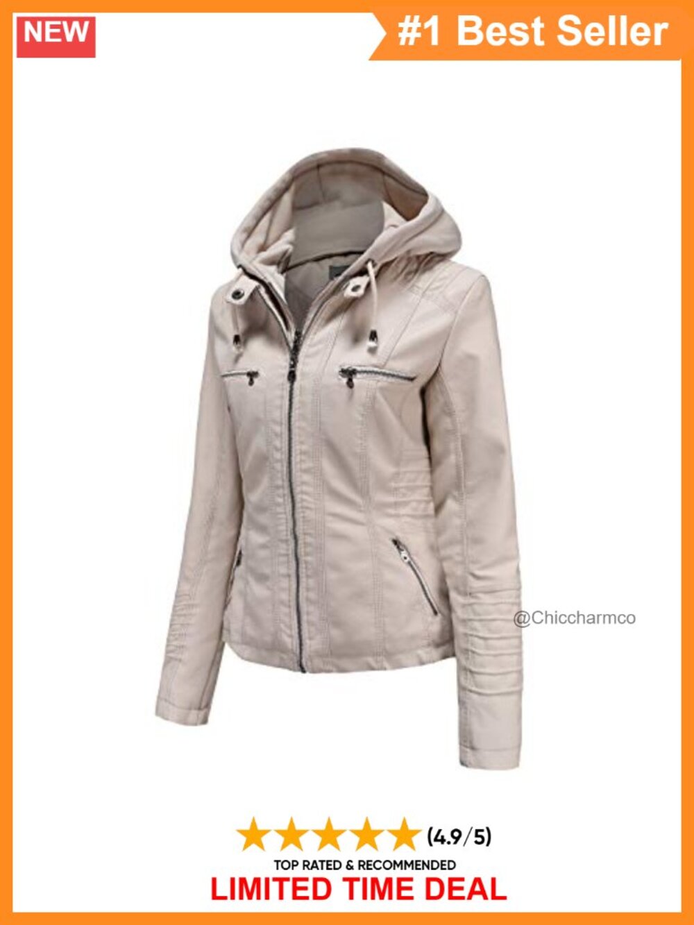 Faux Leather Moto Jacket Removable Hood Zip Pockets Motorcycle